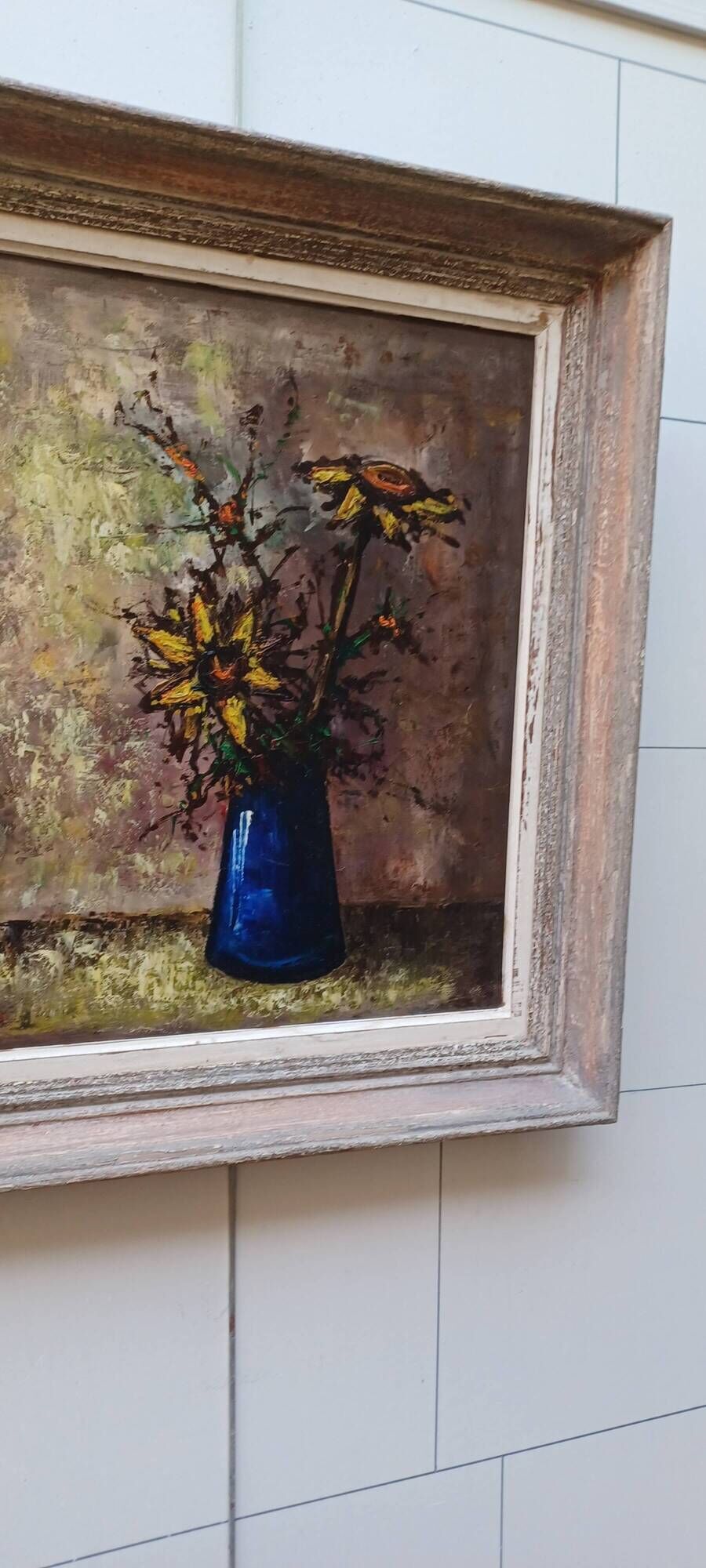 Bouquet de fleurs expressionniste dans un vase bleu vers 1960; 1970
