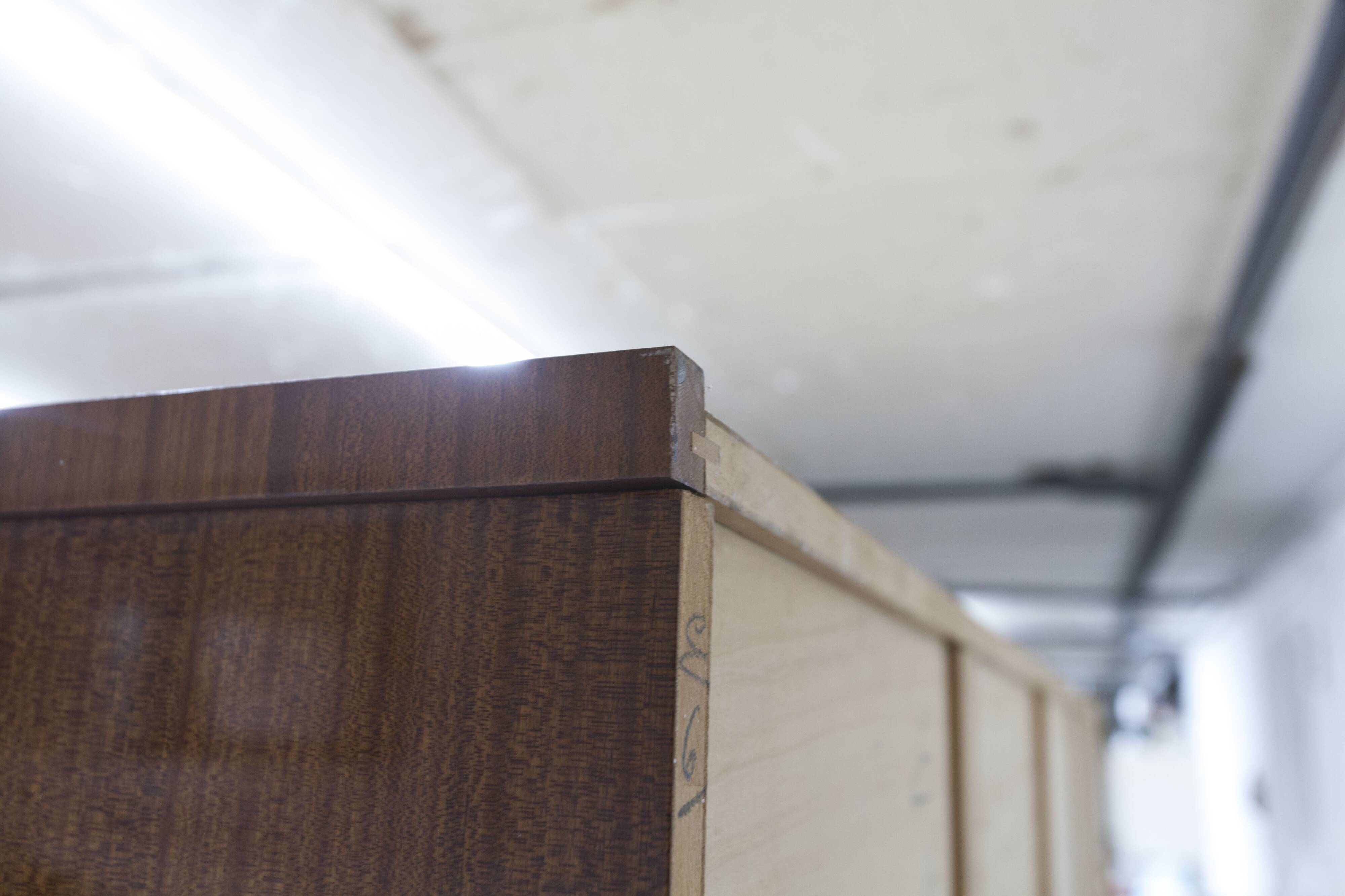 1960s Scandinavian wardrobe, blonde varnished wood, unusual, 4 doors, 3 drawers, 7 shelves.