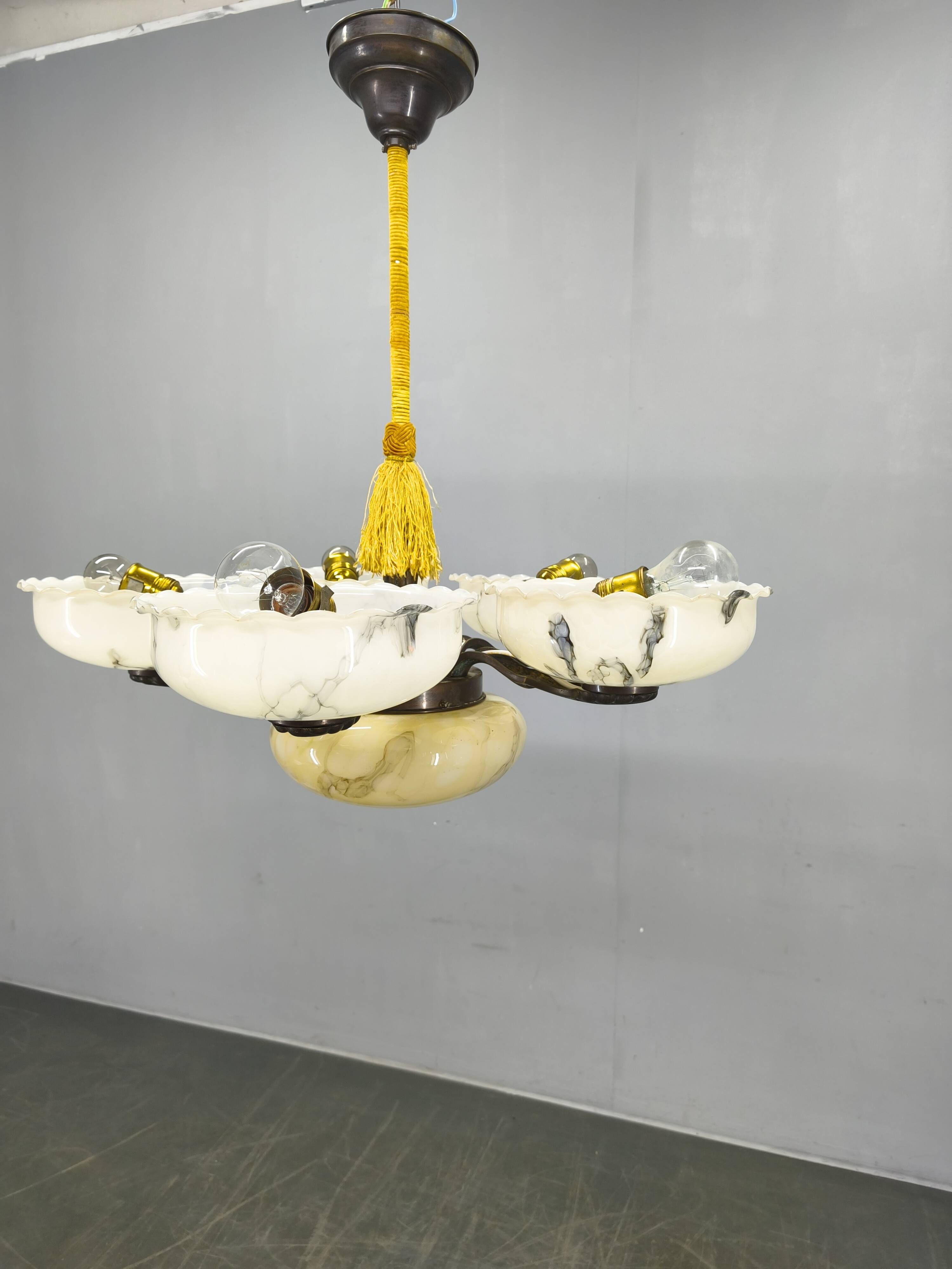 1940s Czech Art Deco Brass Opaline Glass Chandelier