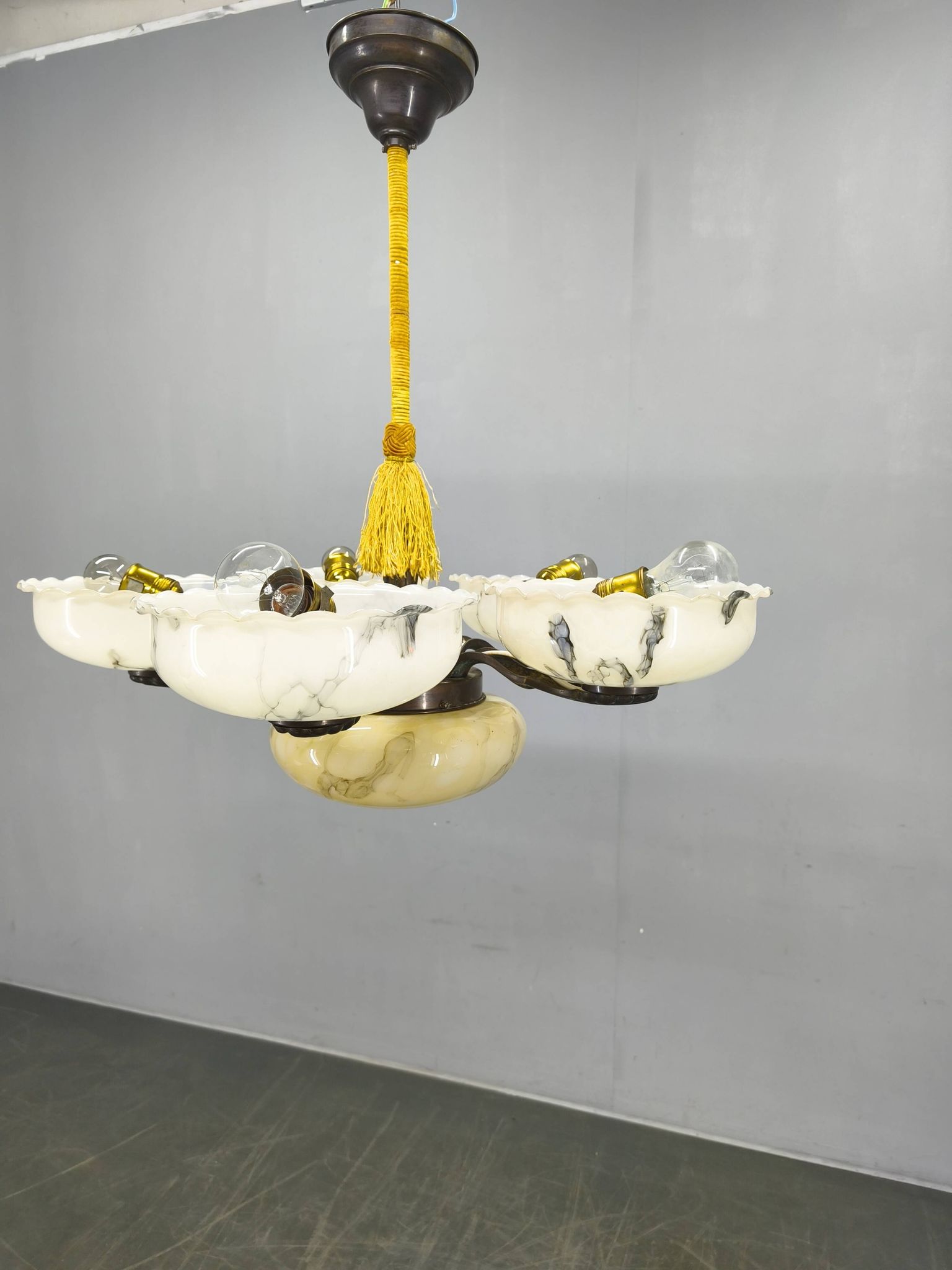 1940s Czech Art Deco Brass Opaline Glass Chandelier