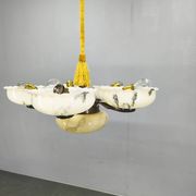 1940s Czech Art Deco Brass Opaline Glass Chandelier