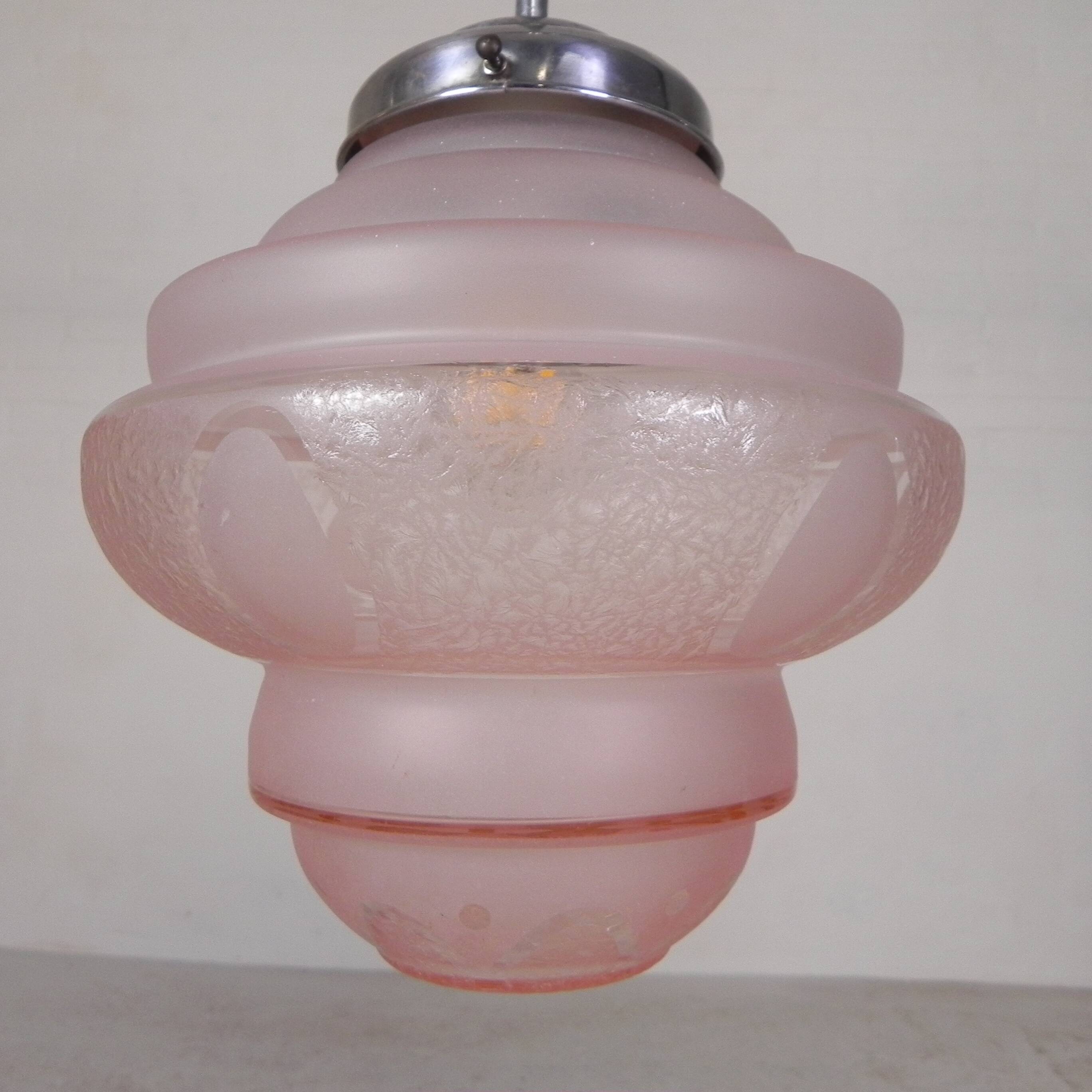 Art Deco pendant lamp with pink glass shade, 1930s
