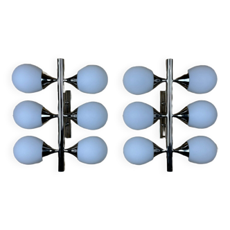 2x 60s 70s 6-bulb Sputnik wall lights by Kaiser Leuchten opal glass