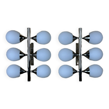 2x 60s 70s 6-bulb Sputnik wall lights by Kaiser Leuchten opal glass
