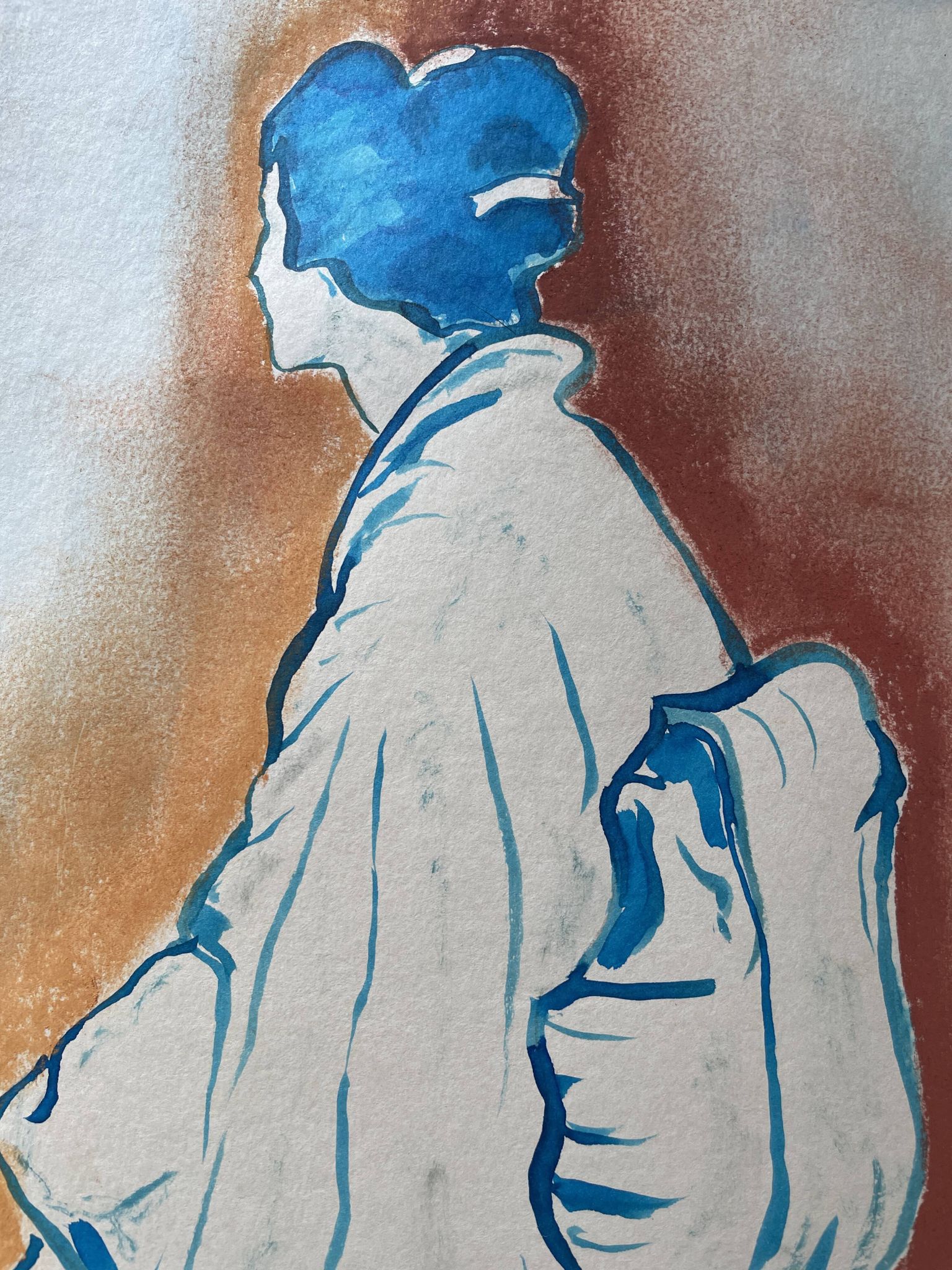 Signed painting pastel and Indian ink female portrait Japan “geisha blue”