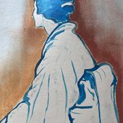 Signed painting pastel and Indian ink female portrait Japan “geisha blue”