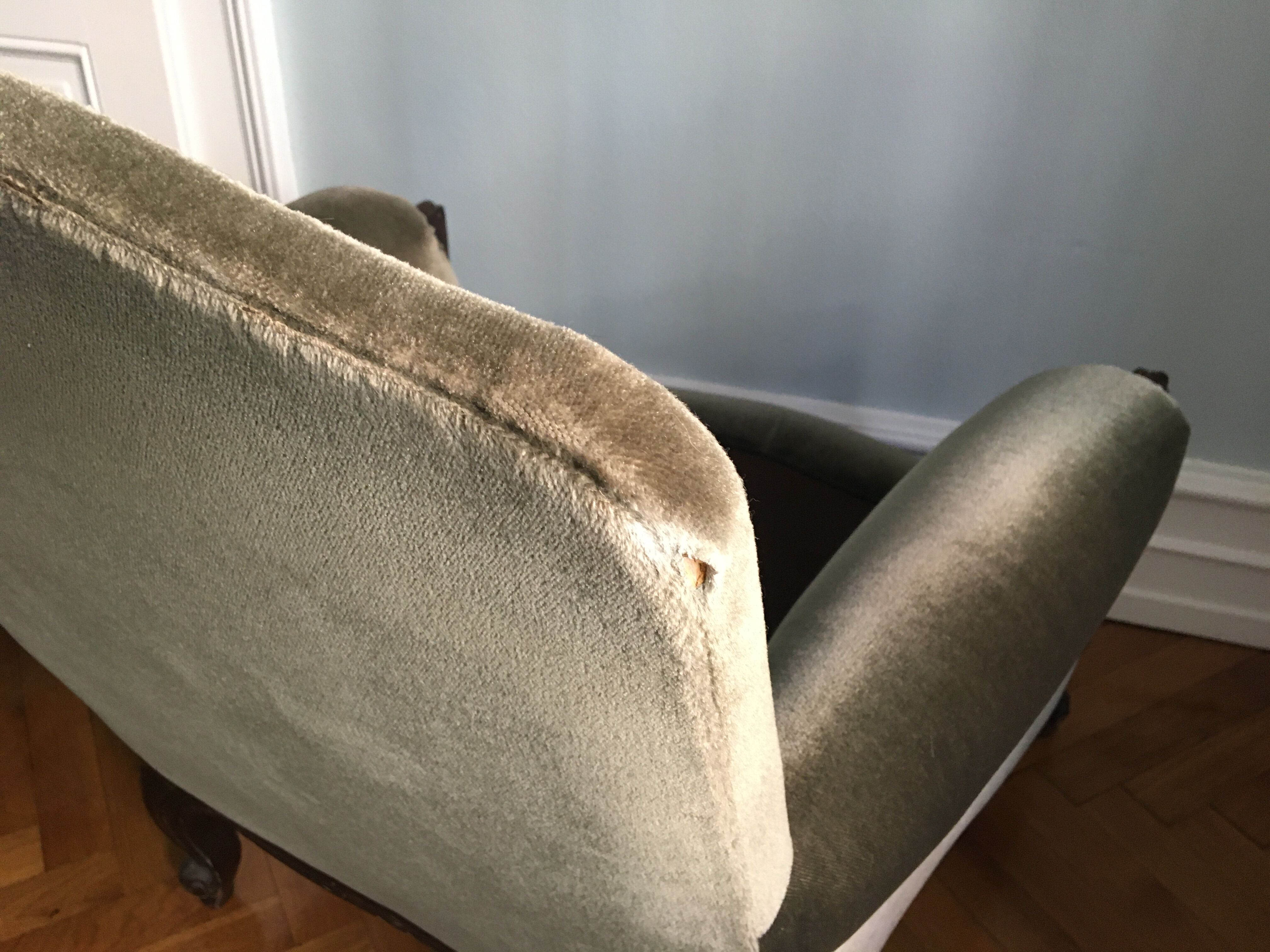 Pair of 2 khaki green velvet armchairs