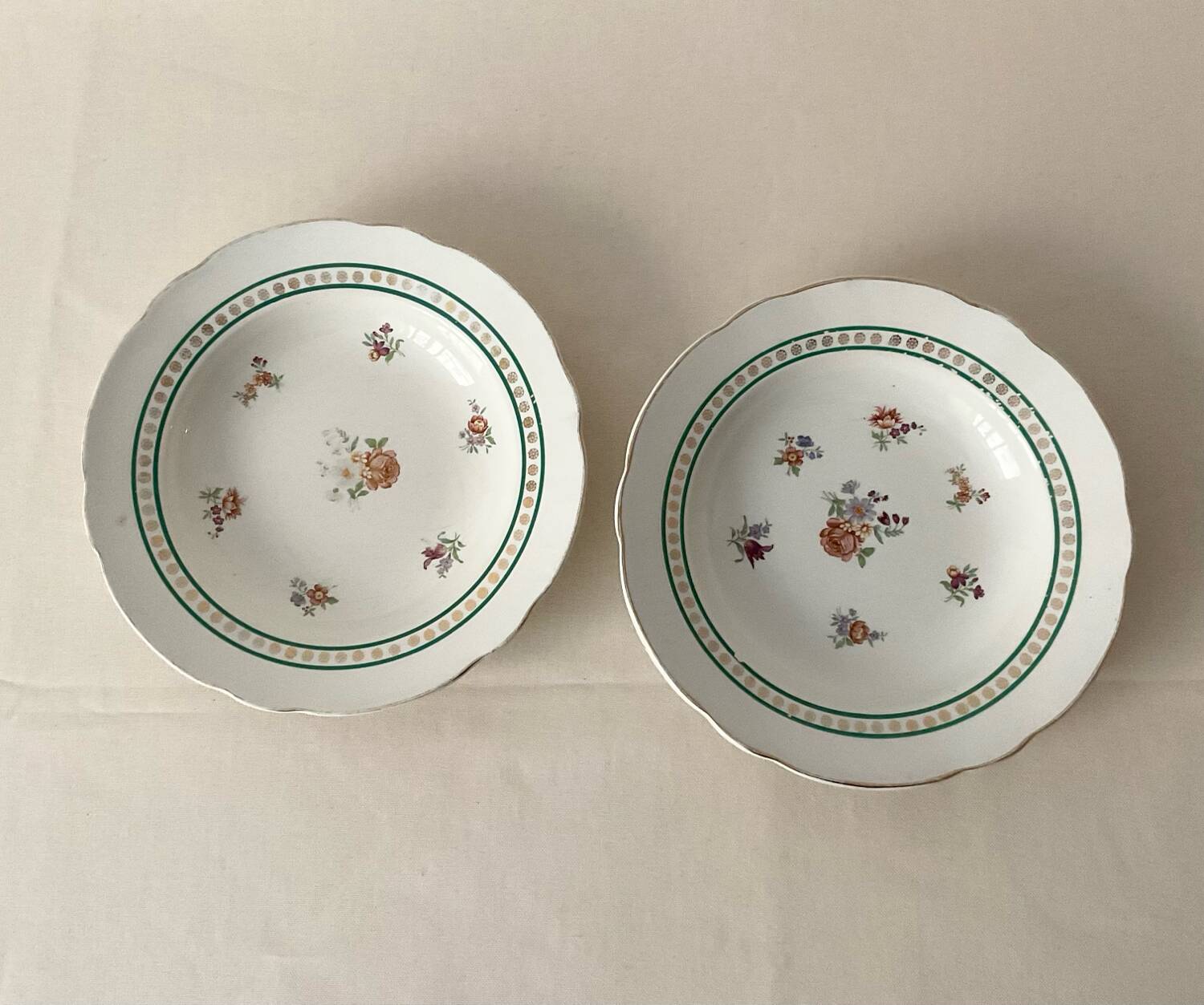 Pair of deep plates Sarreguemines — antique earthenware, floral decoration