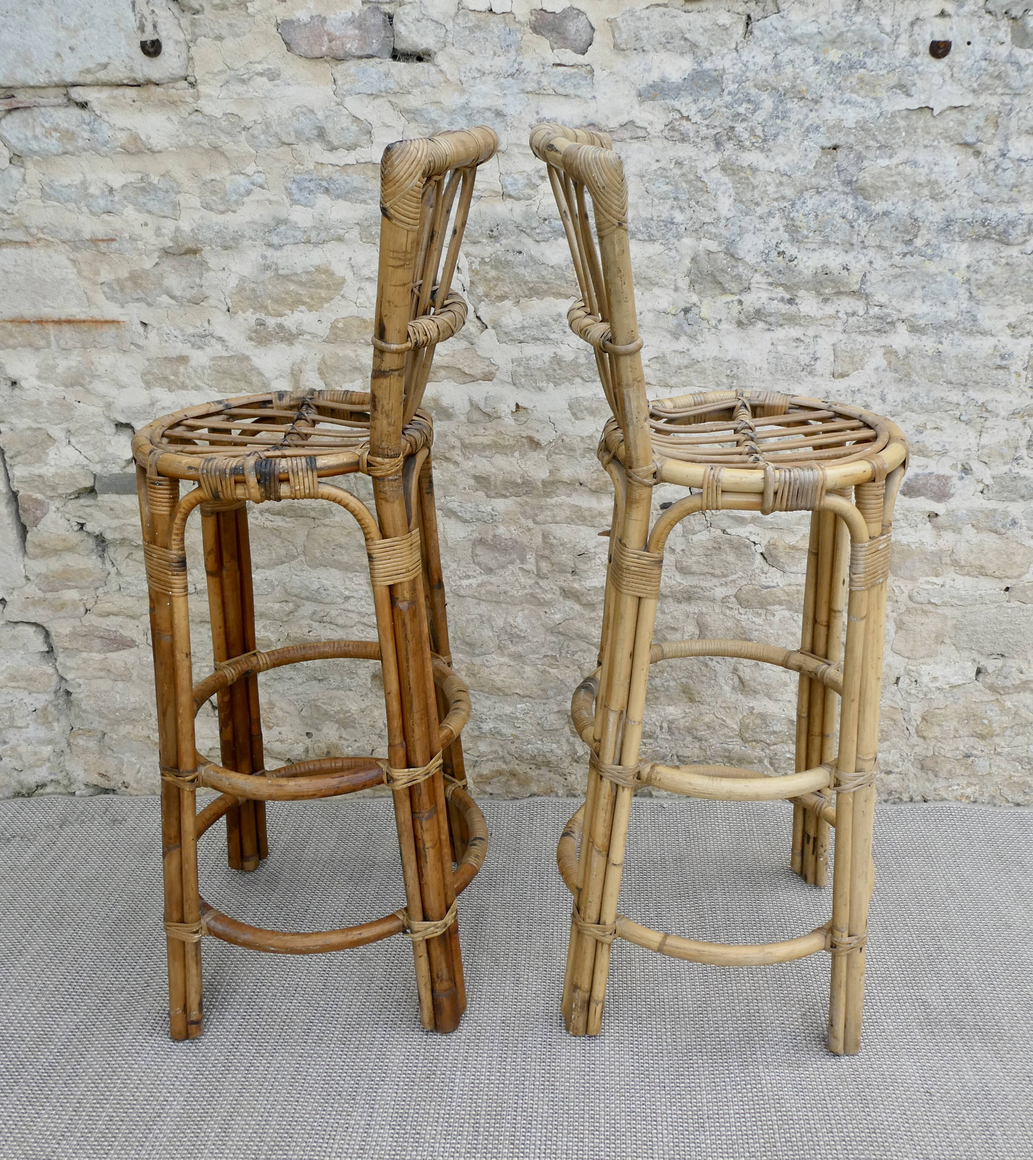 Pair of high stools, bar, rattan with back