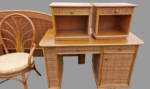 Rattan room, desk, suitcase door, headboard, 2 bedside tables, a chair
