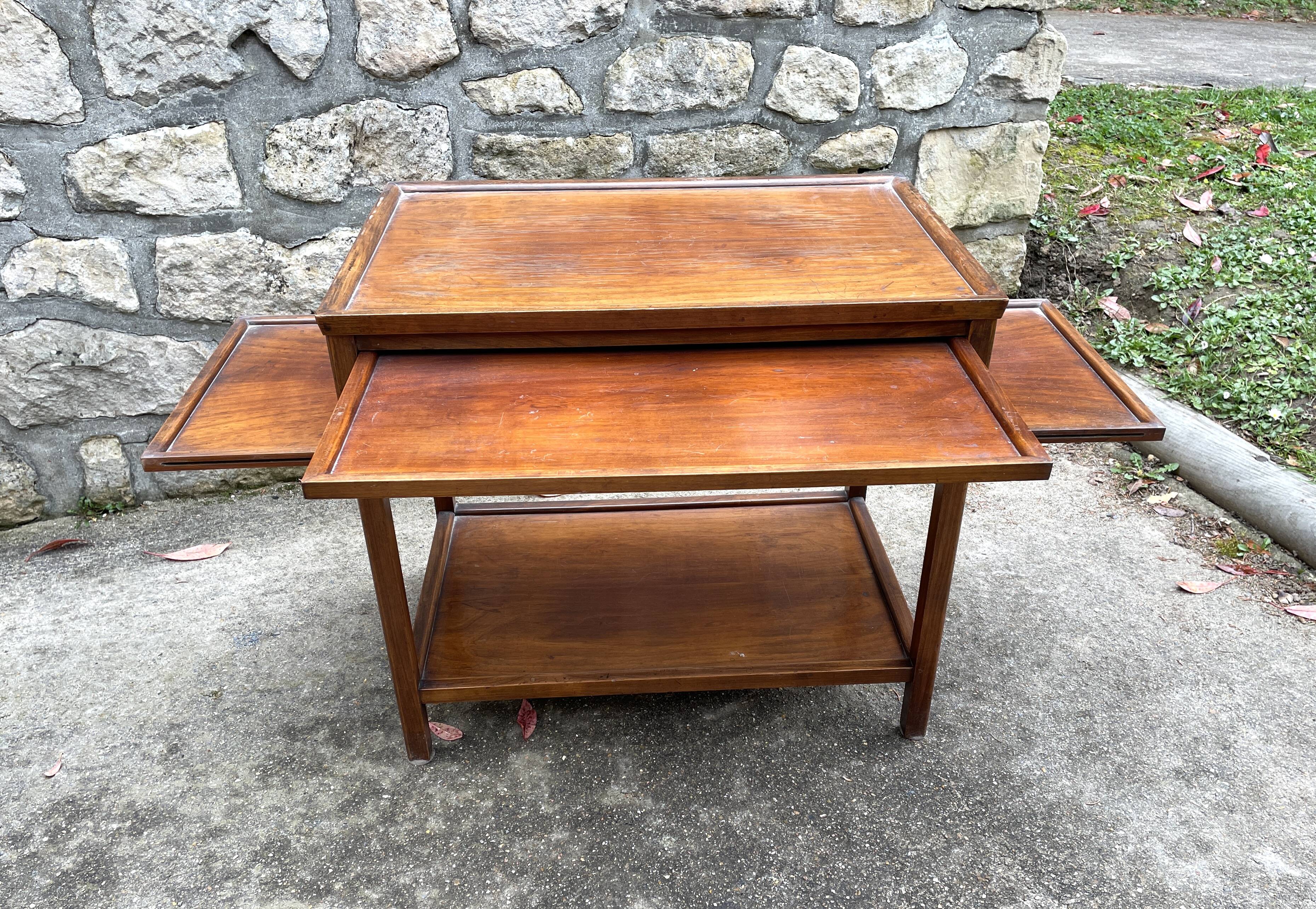 Side table / cherry tree service with 3 sliding shelves.