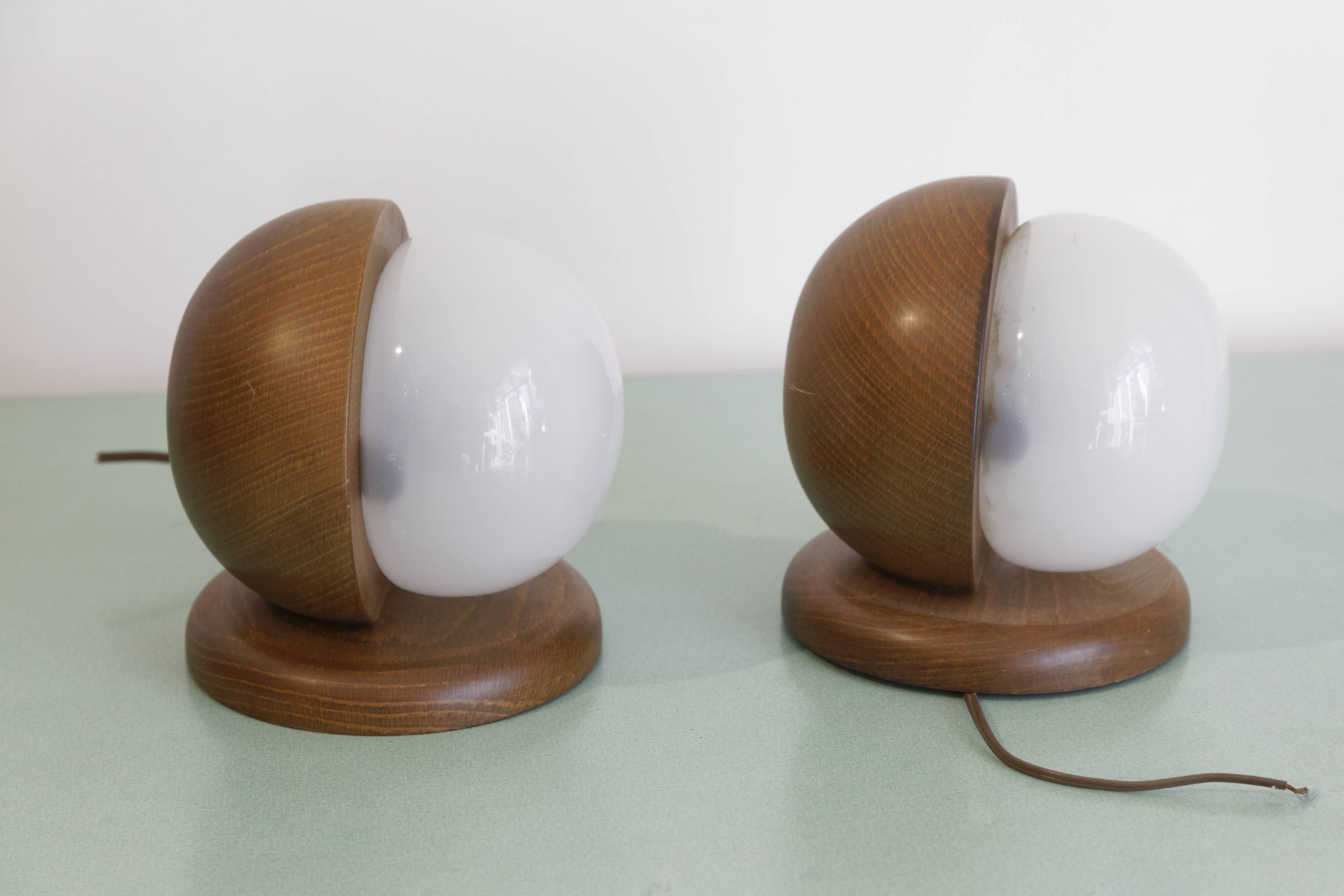 Pair of wood and opal sphere wall lamps