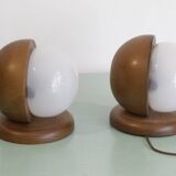 Pair of wood and opal sphere wall lamps