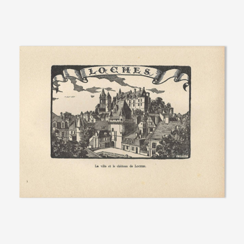 Gravure-années 1930-J Druet – La ville et le château de Loches