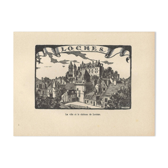 Engraving - 1930s - J Druet - The town and castle of Loches