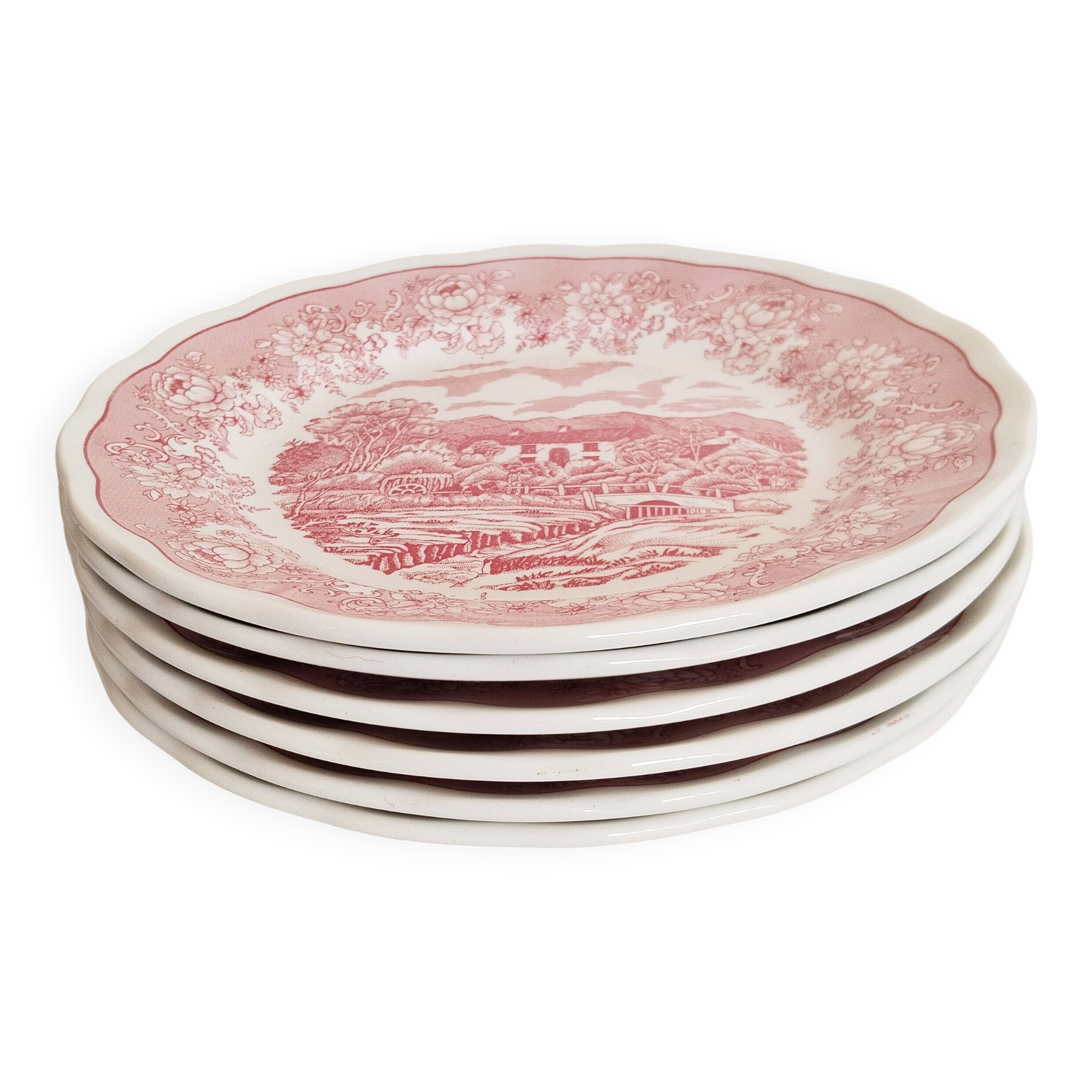6 Italian English porcelain dessert plates: Swiss Landscape