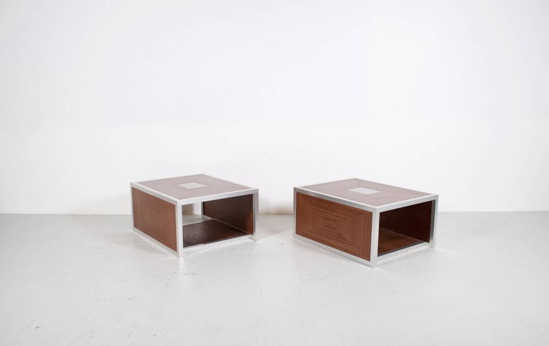 Pair of 70's aluminum and mahogany coffee/sofa end tables