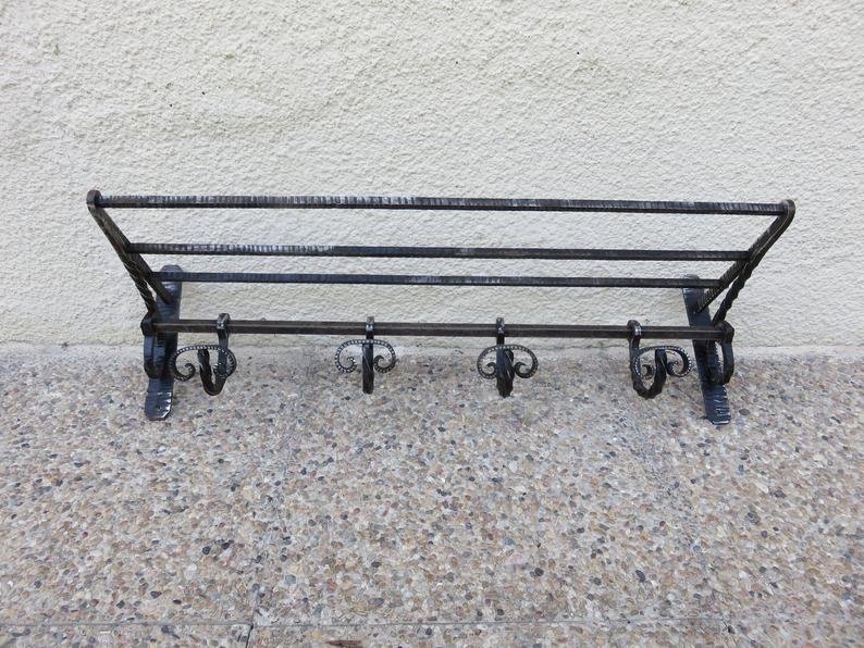 Hammered wrought iron coat rack, sliding pads, Edgard Brandt style, art deco 30s 40s