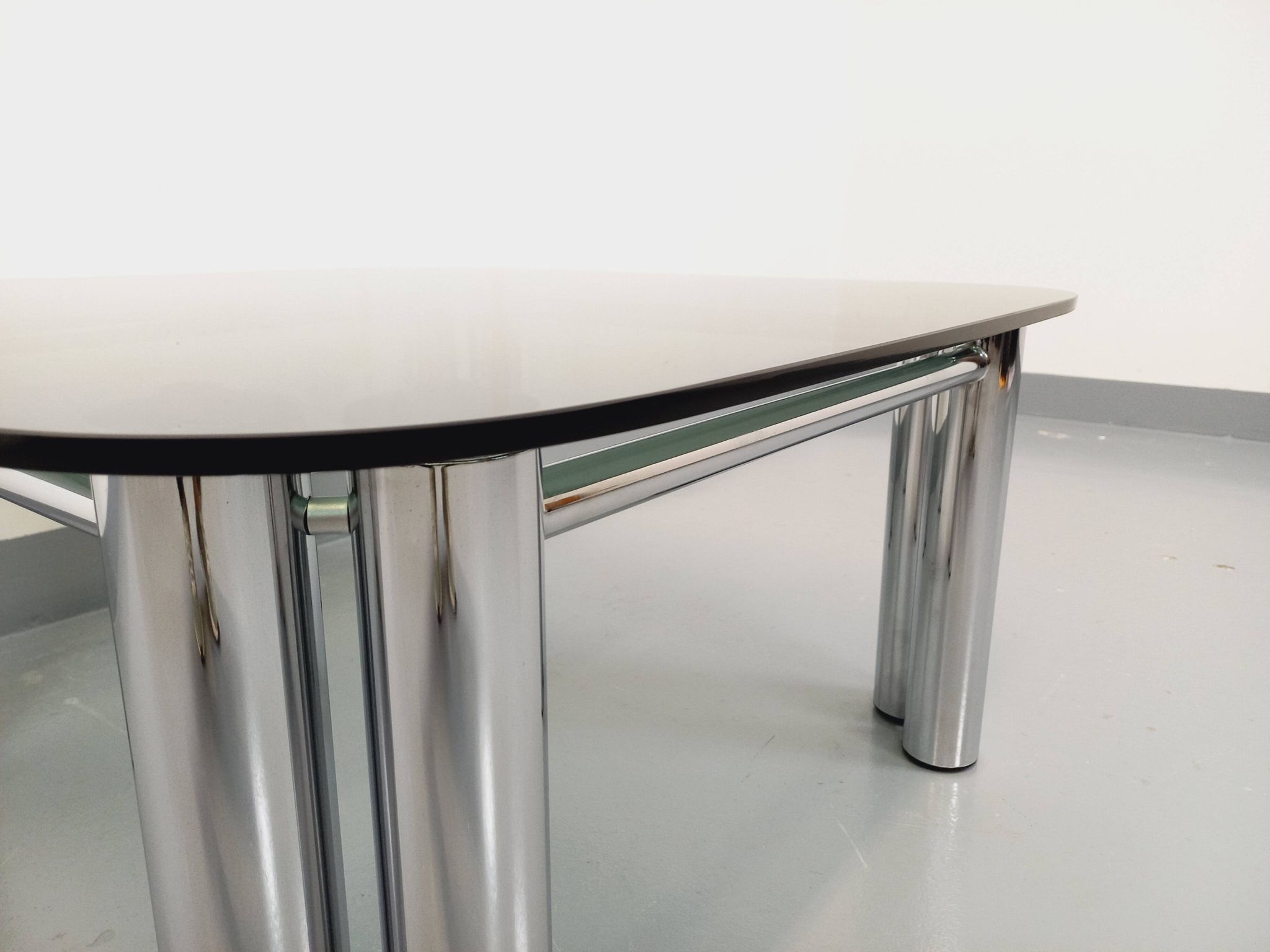 Vintage Italian Space Age square coffee table in smoked glass and chrome metal