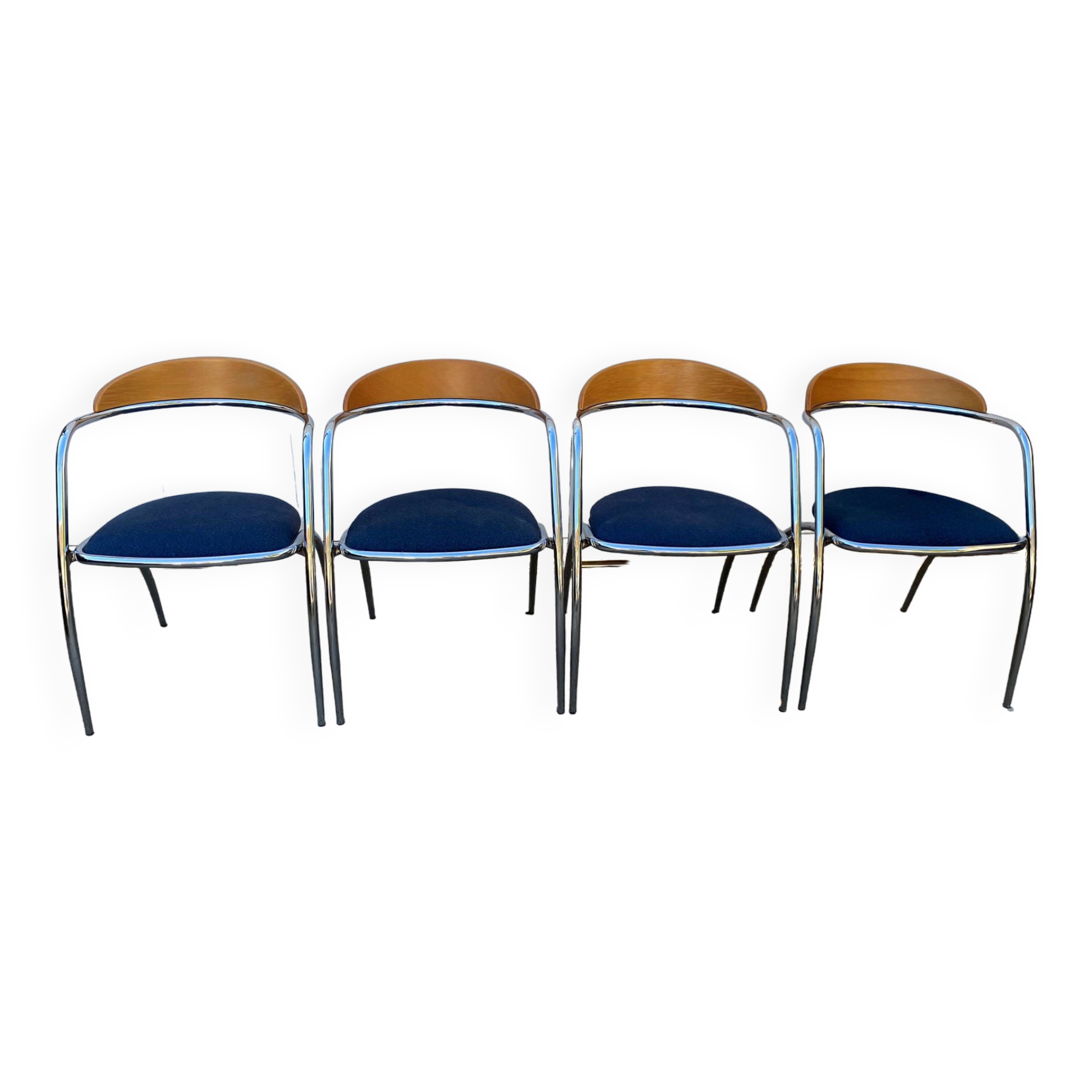 Lot de 4 chaises avec accoudoir Effezeta chrome tissu bleu et bois an2000