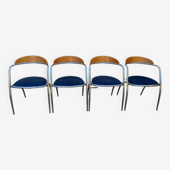 Lot de 4 chaises avec accoudoir Effezeta chrome tissu bleu et bois an2000