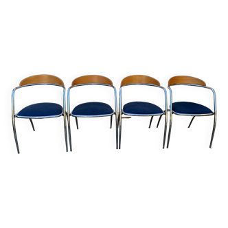 Set of 4 chairs with armrest Effezeta chrome blue fabric and wood an2000