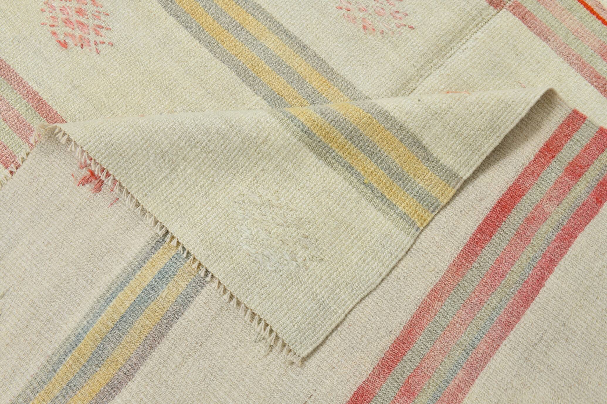 4x4 Cream Pale Red Square Vintage Kilim Rug, 136x142Cm