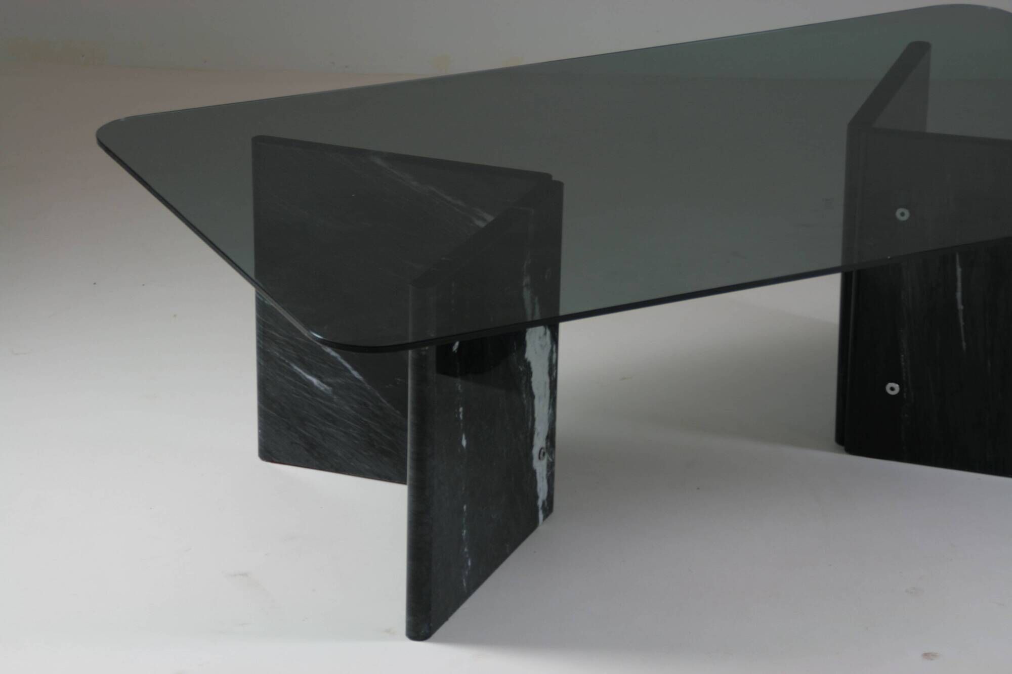 Black veined marble coffee table with smoked glass top, Italy 1970