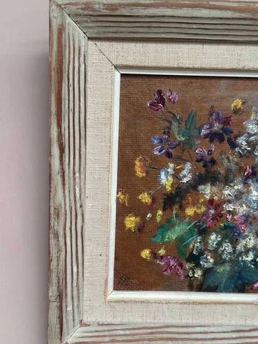 Mid-Century Oil on Panel “Flowers” by Unknown, Vintage & Framed
