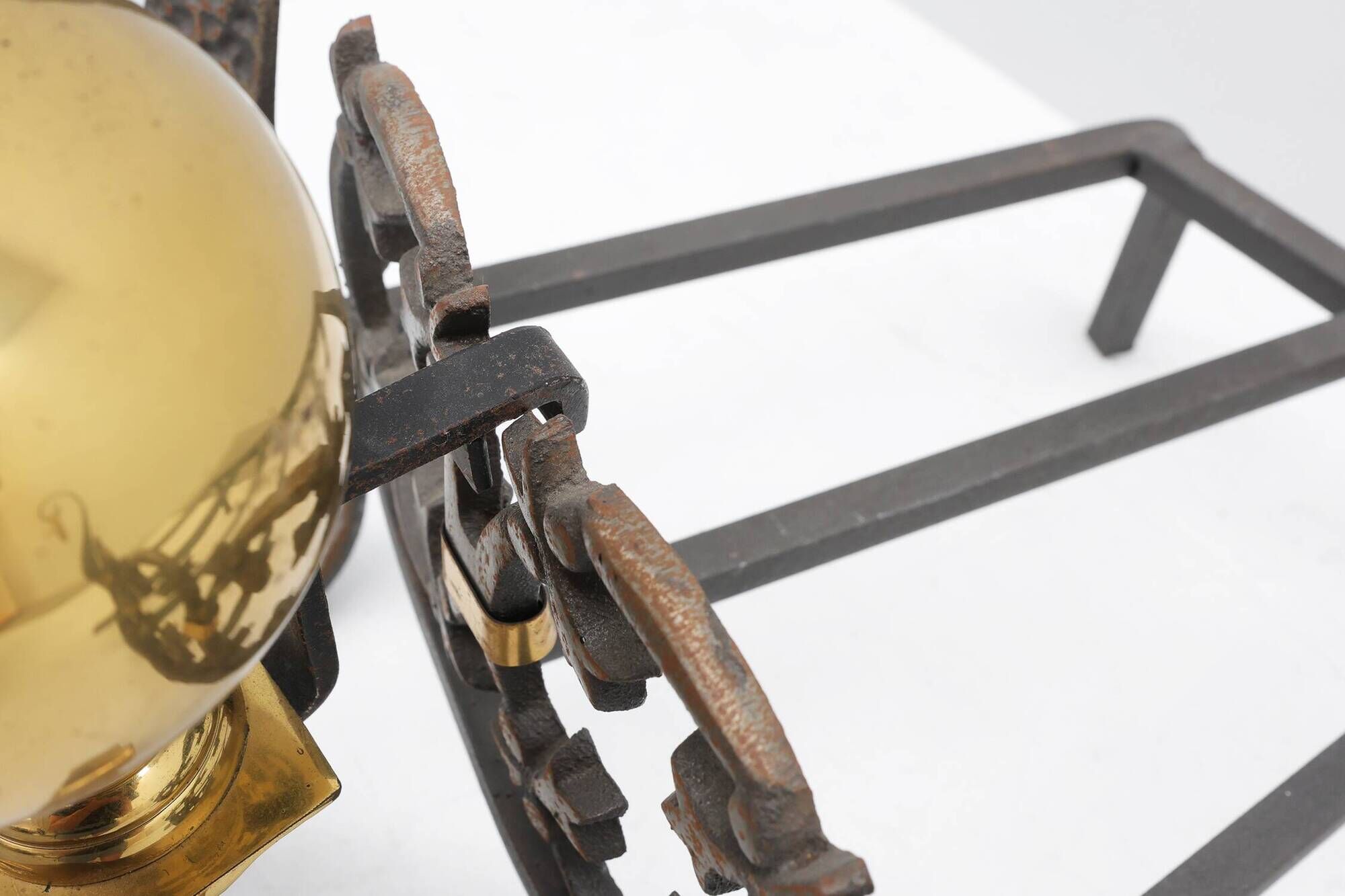 Pair of French Brass Firedogs and Wrought Iron Fireplace Grate, 20th Centur