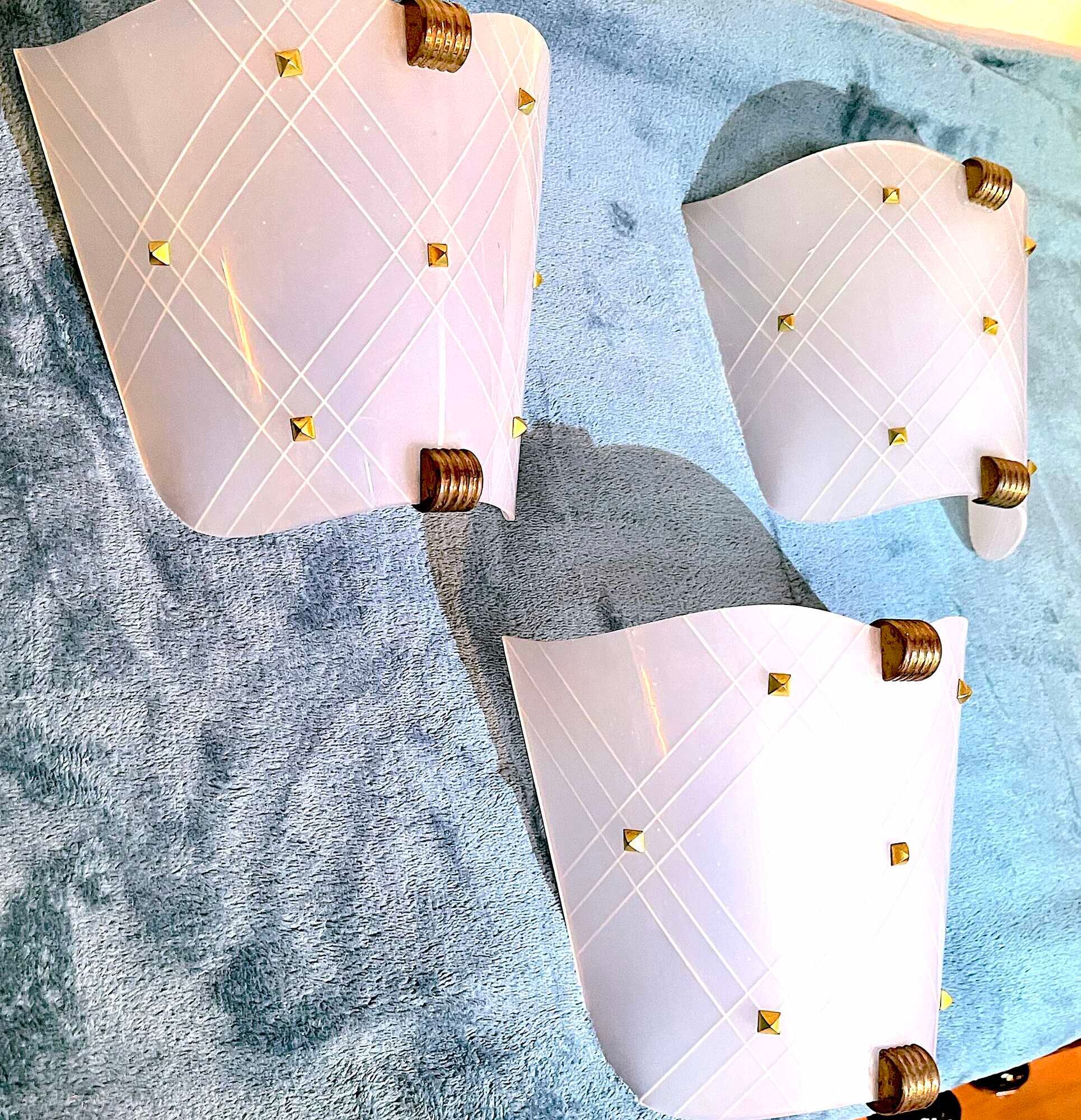 Three vintage wall lamps in perspex and brass Rockabilly style, France 50's