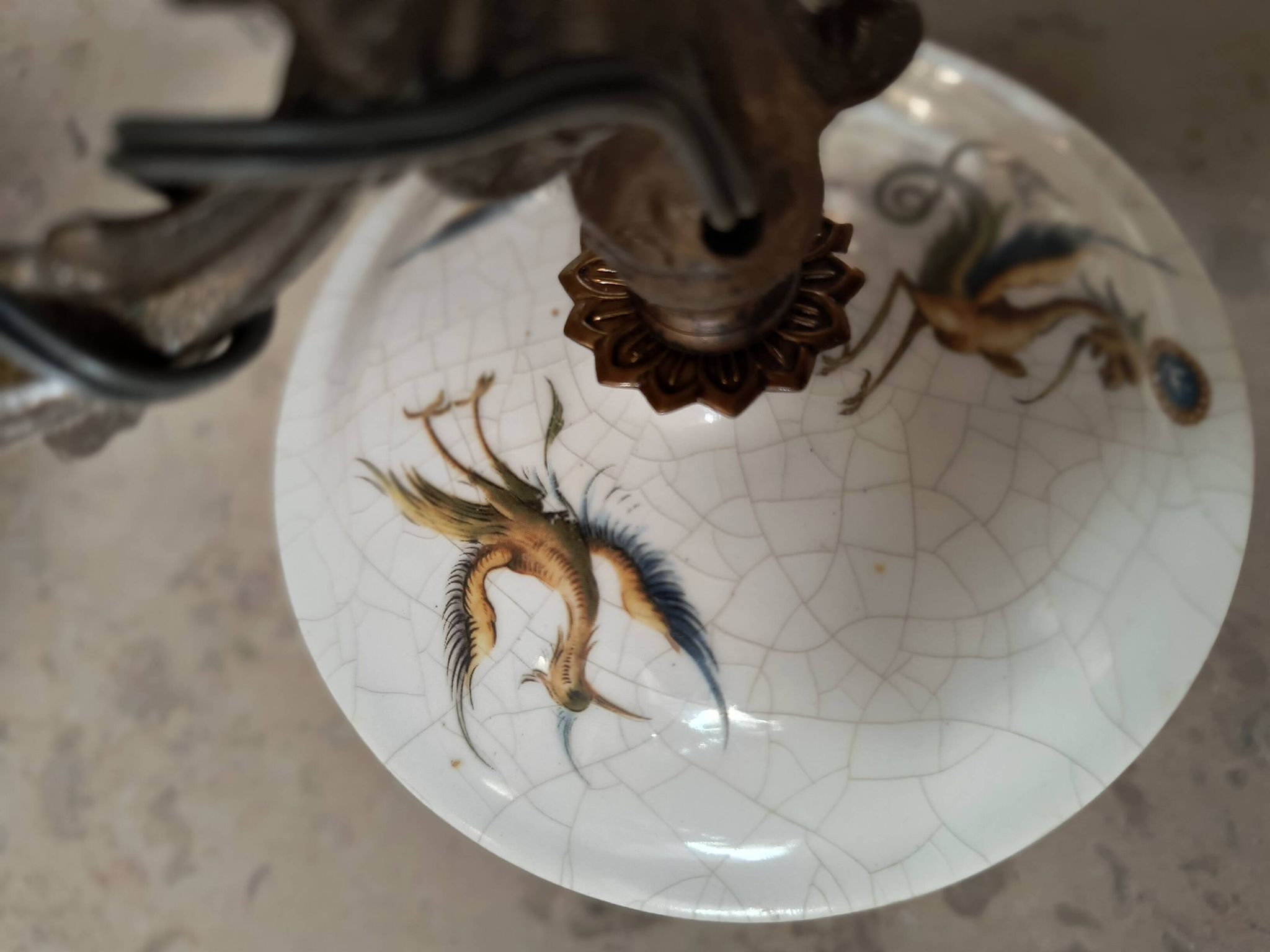 Lustre bronze, cuivre et faïence style gien