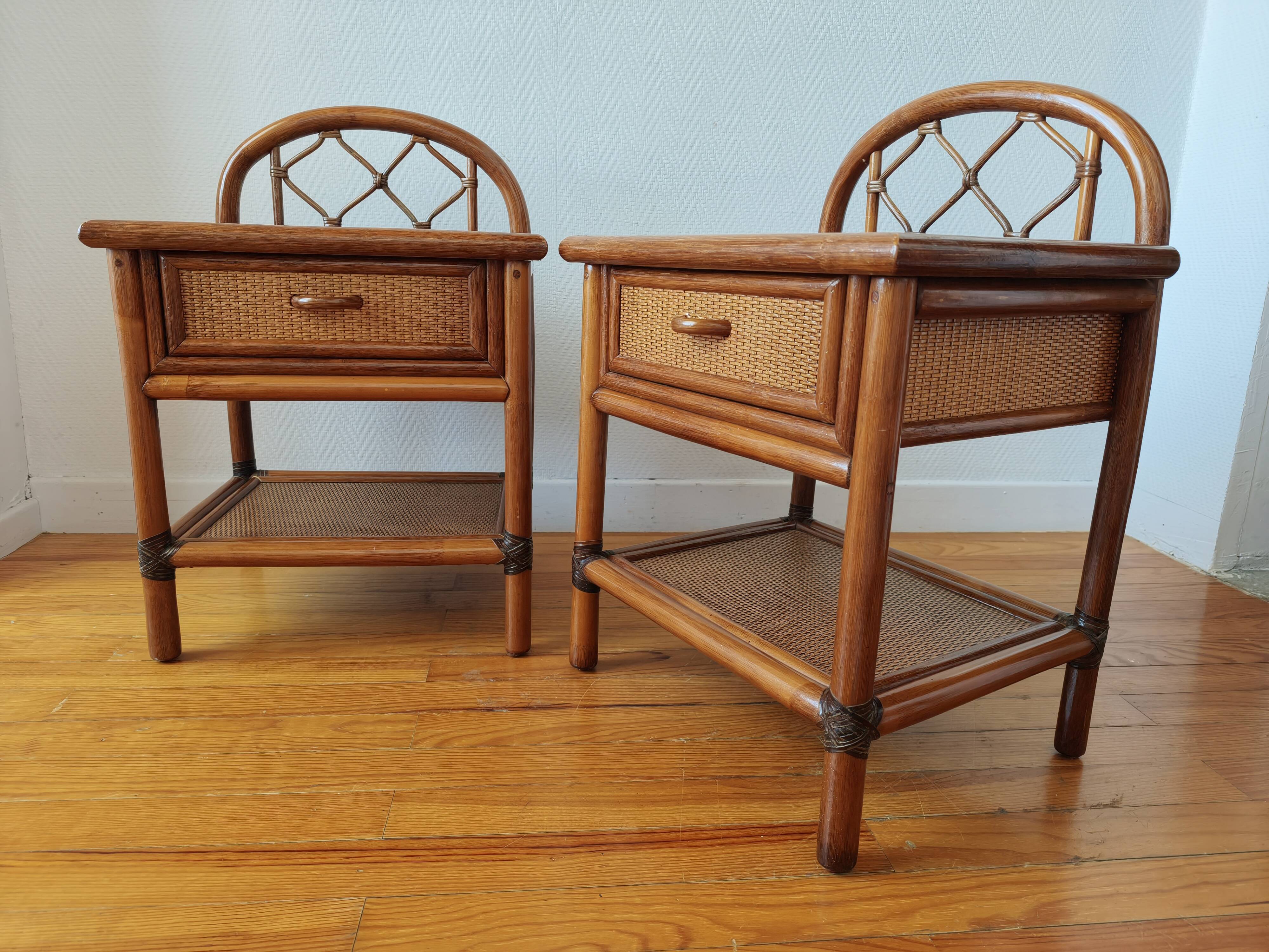 Pair of vintage rattan and cane bedside tables, 1970s