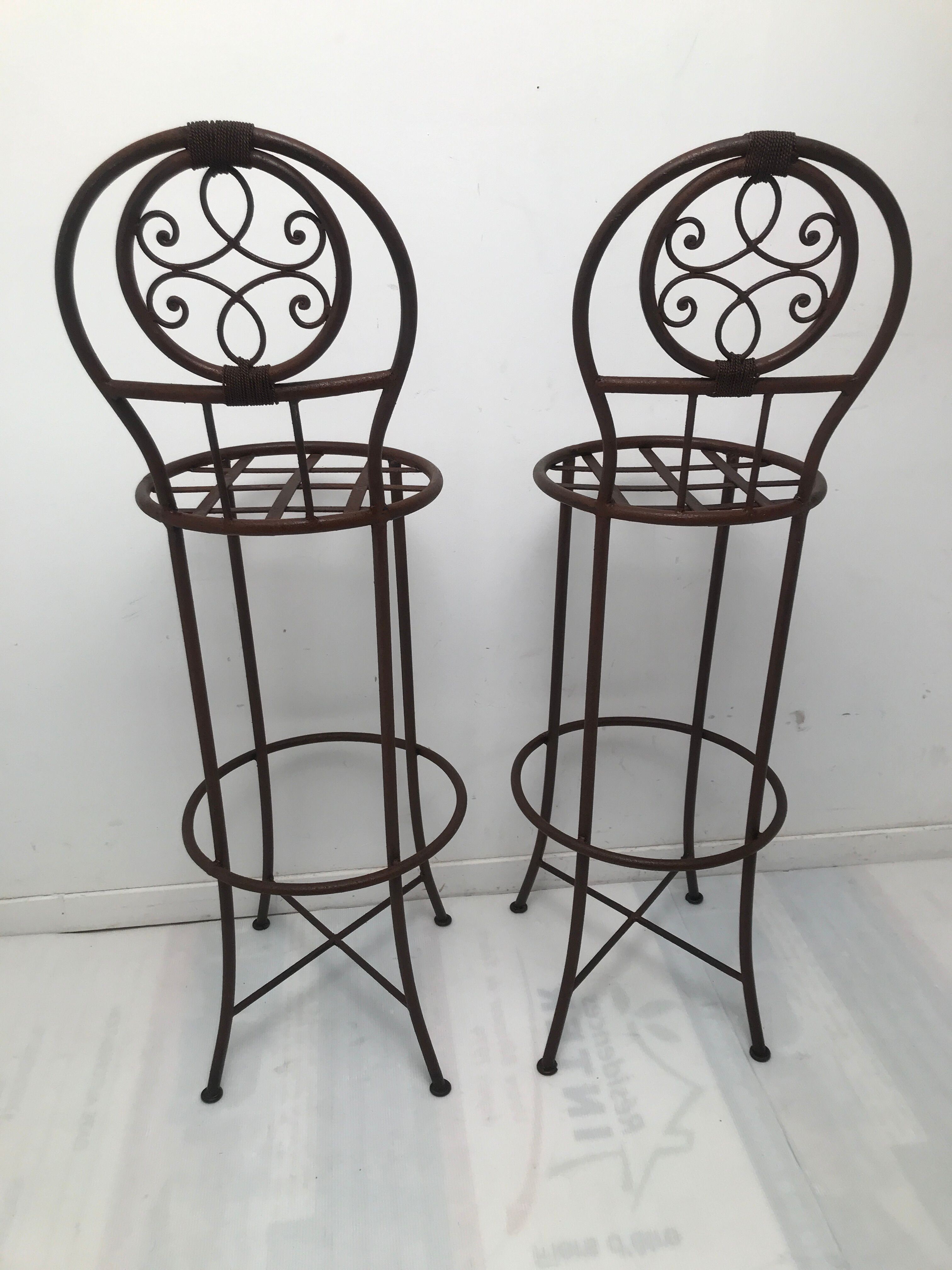 Pair of vintage bar high chairs in copper and wrought iron