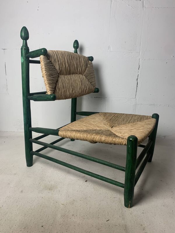 Fauteuil bas en paille de jonc français dans le style de Charles Dudouyt, années 1950