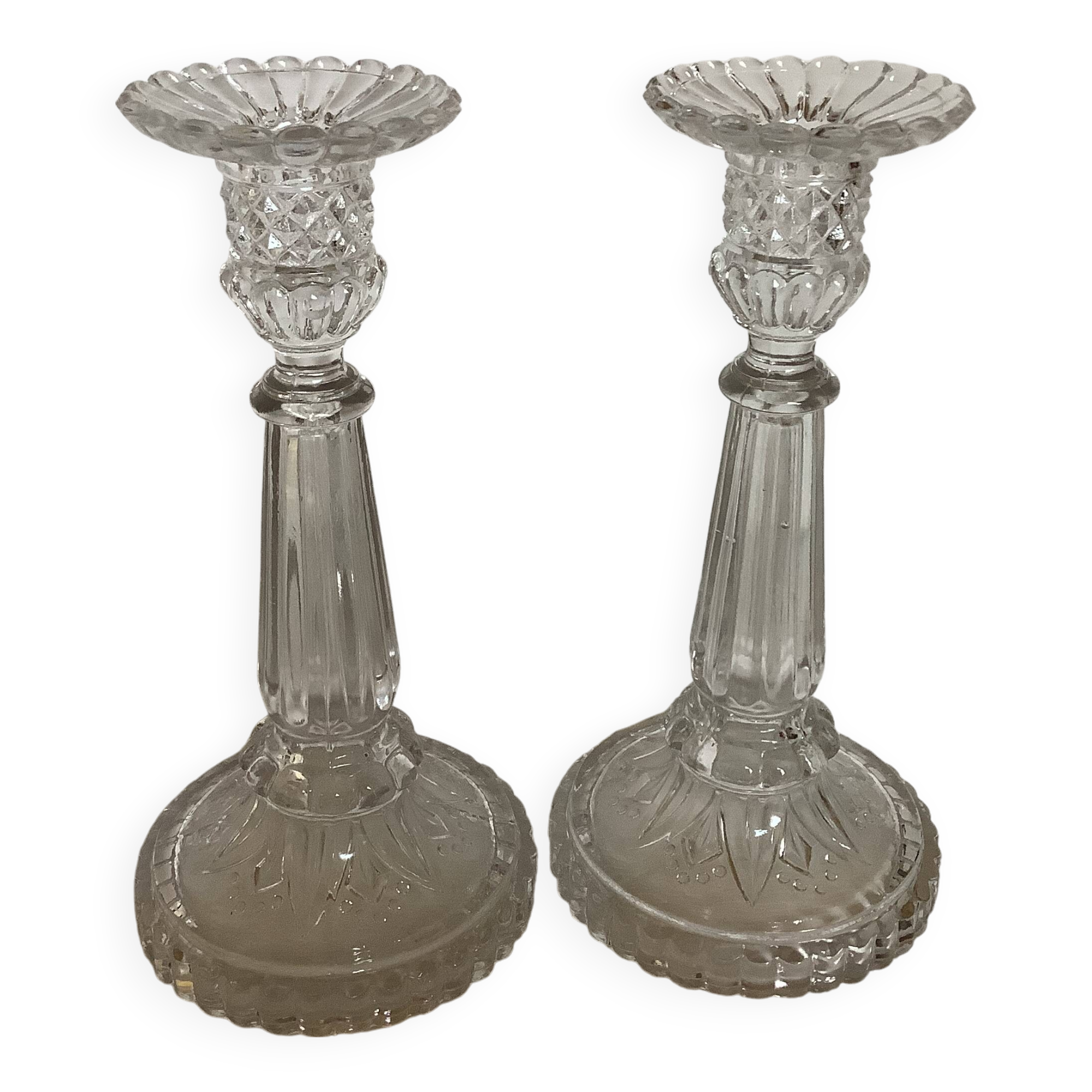 Pair of Val Saint Lambert candlesticks with diamond tips