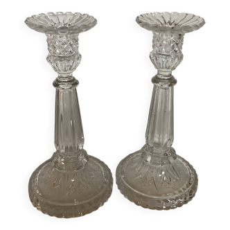 Paire de bougeoirs en cristal Val Saint Lambert décor pointes de diamant