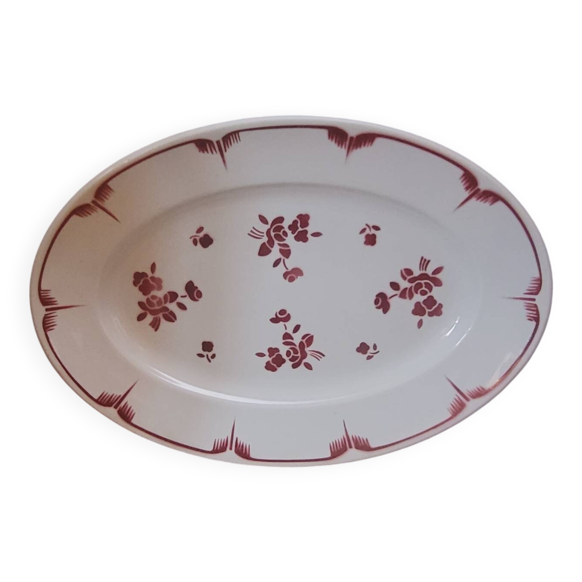 Oval dish with red floral decoration from the 40s