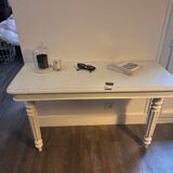Vintage console in weathered white wood – Chic country style, tapered legs.