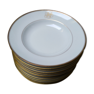 12 porcelain hollow plates of Limoges gold fillet and monogram