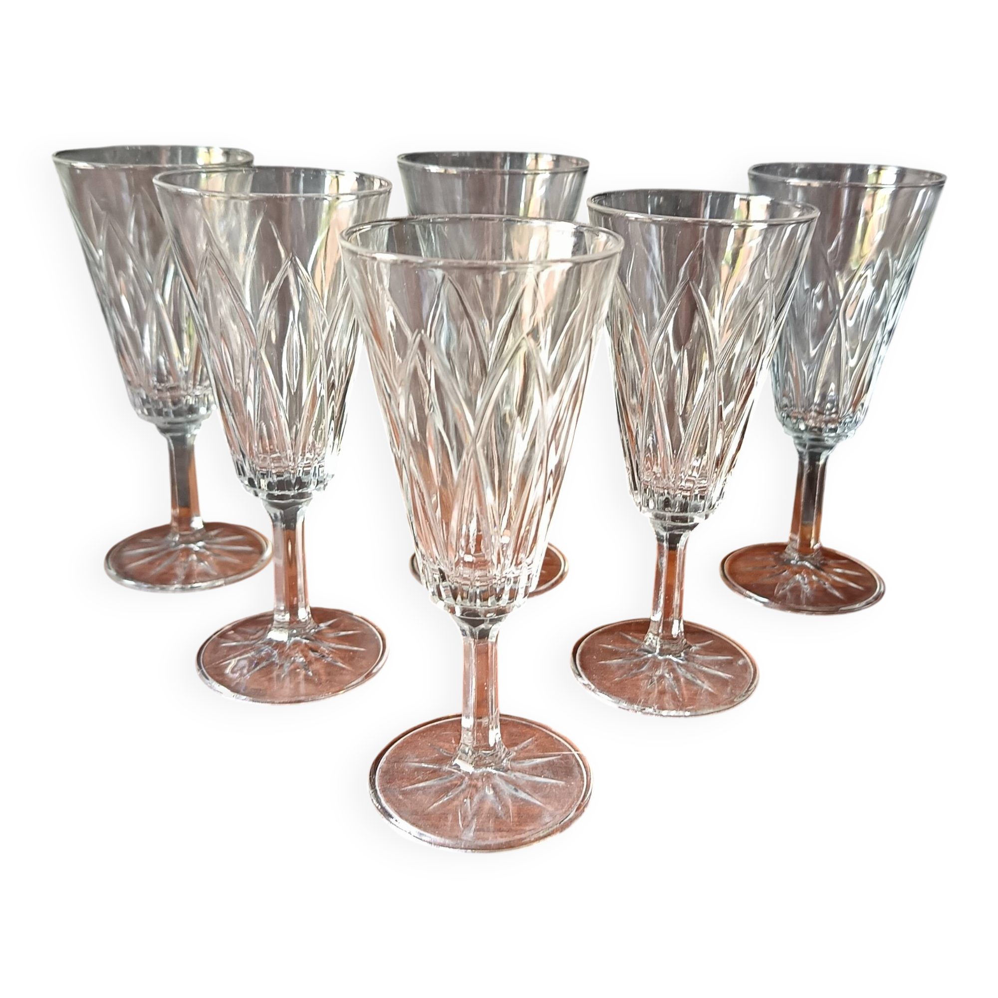 6 FLUTES champagne transparent glass vintage VMC Reims France
