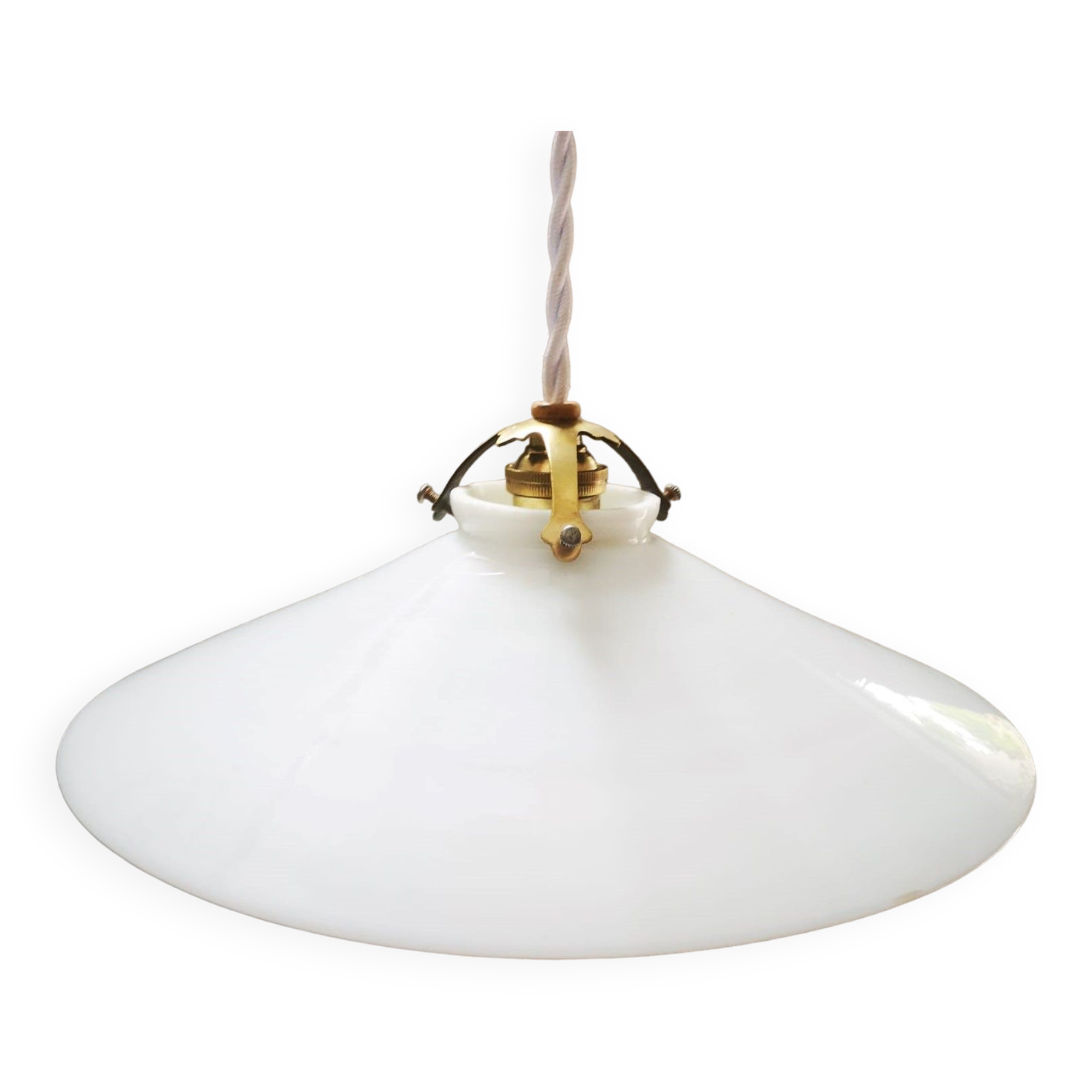 Ancienne suspension baladeuse en opaline blanche art déco 1930 ø 24.5 cm