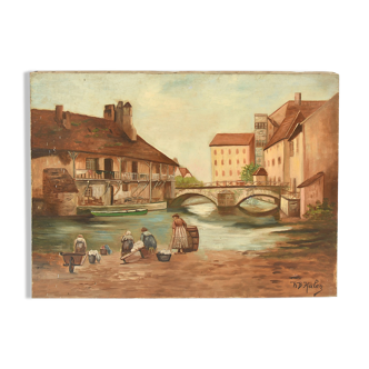Oil on canvas animated village scene