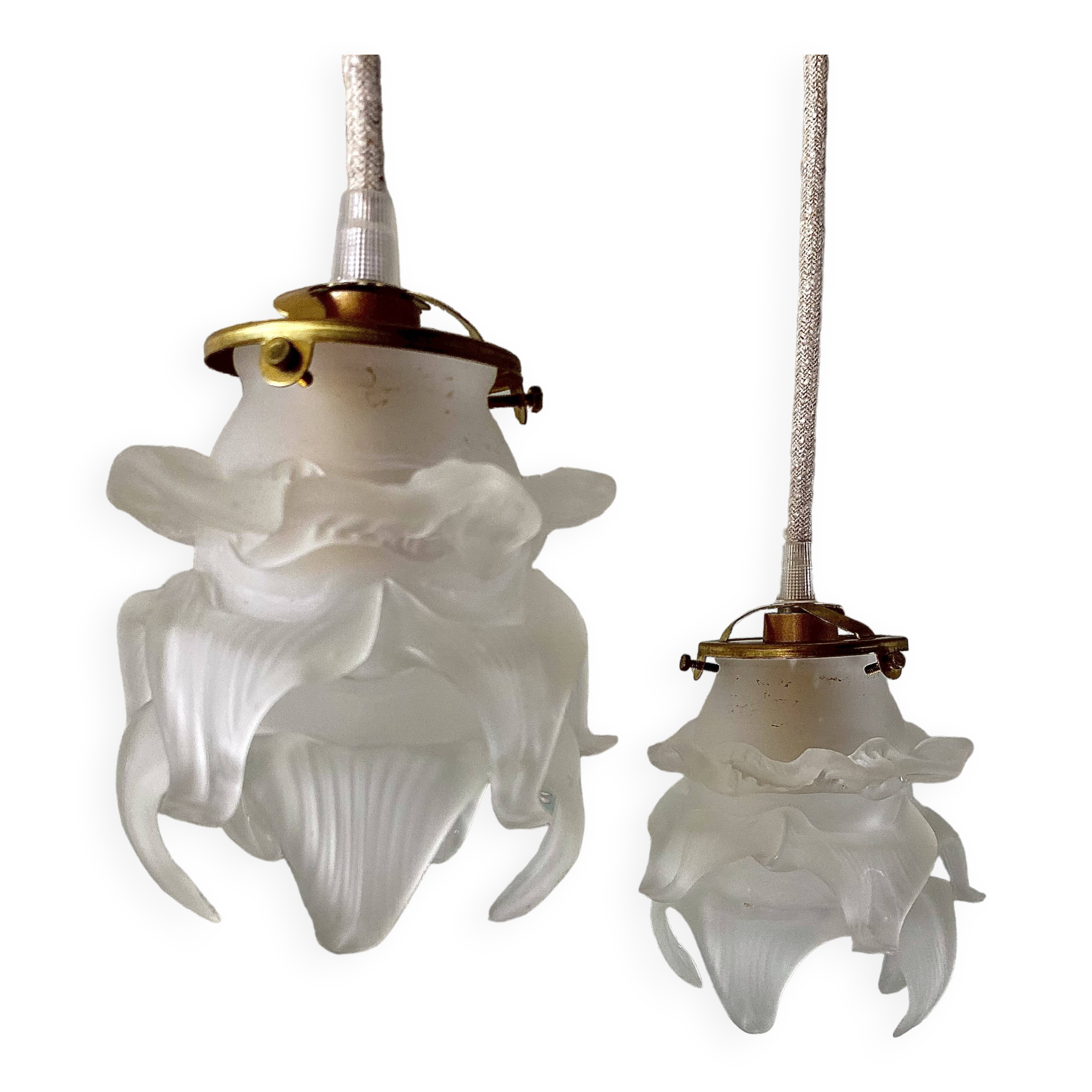 Two vintage Globe flower pendants in frosted glass