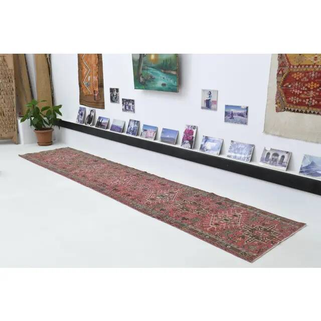 1970s Vintage Turkish Oushak Handmade Wool Cotton Pink Runner Rug 76x365