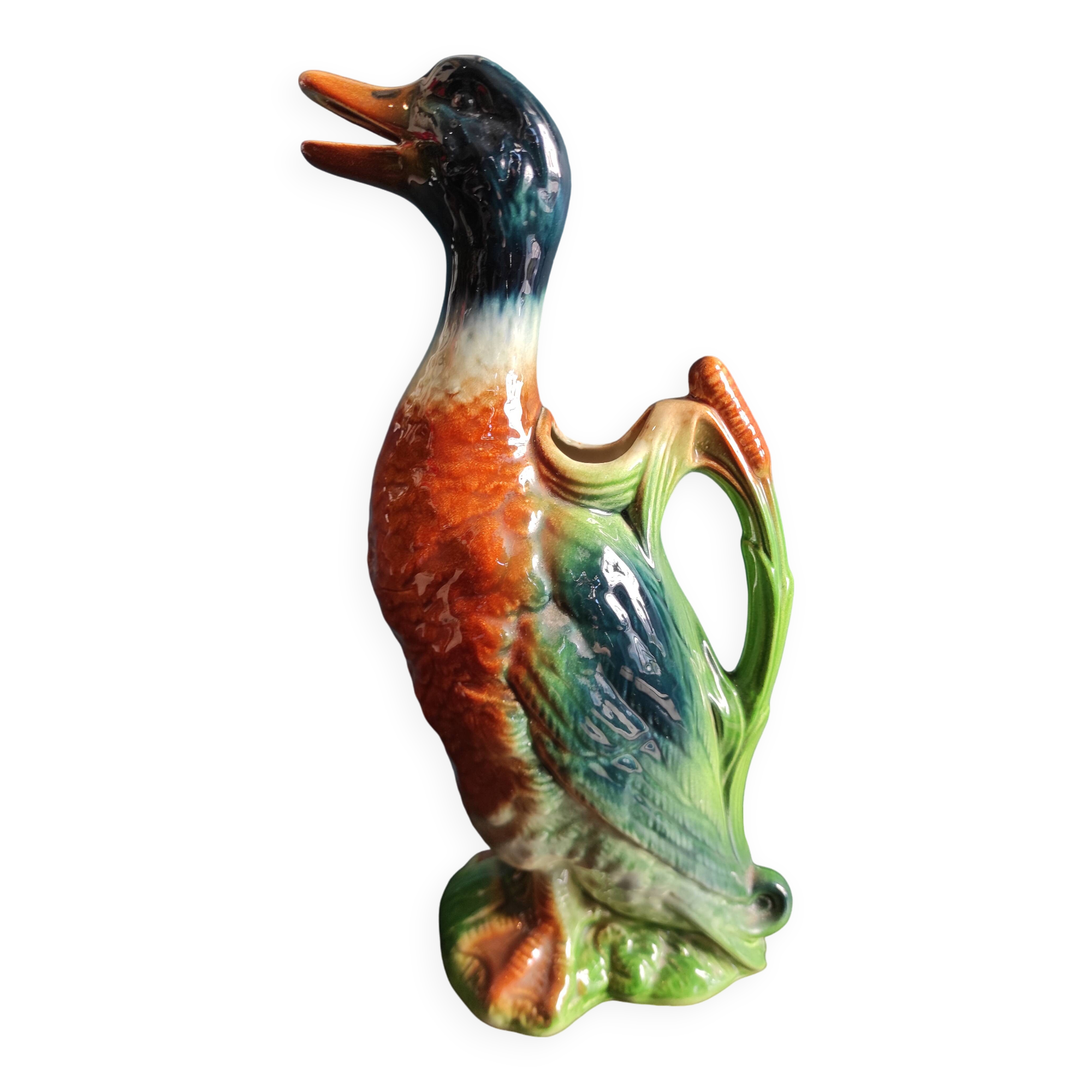 Vintage French duck-shaped jug, Saint Clément, barbotine