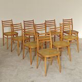 Set of 10 Bystrice tone wooden and caned chairs from the 1960s.