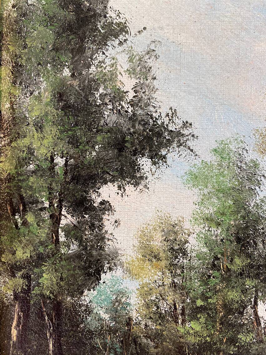 Alain Bonnaud (20th century), small oil on canvas. “Woman on a forest path”