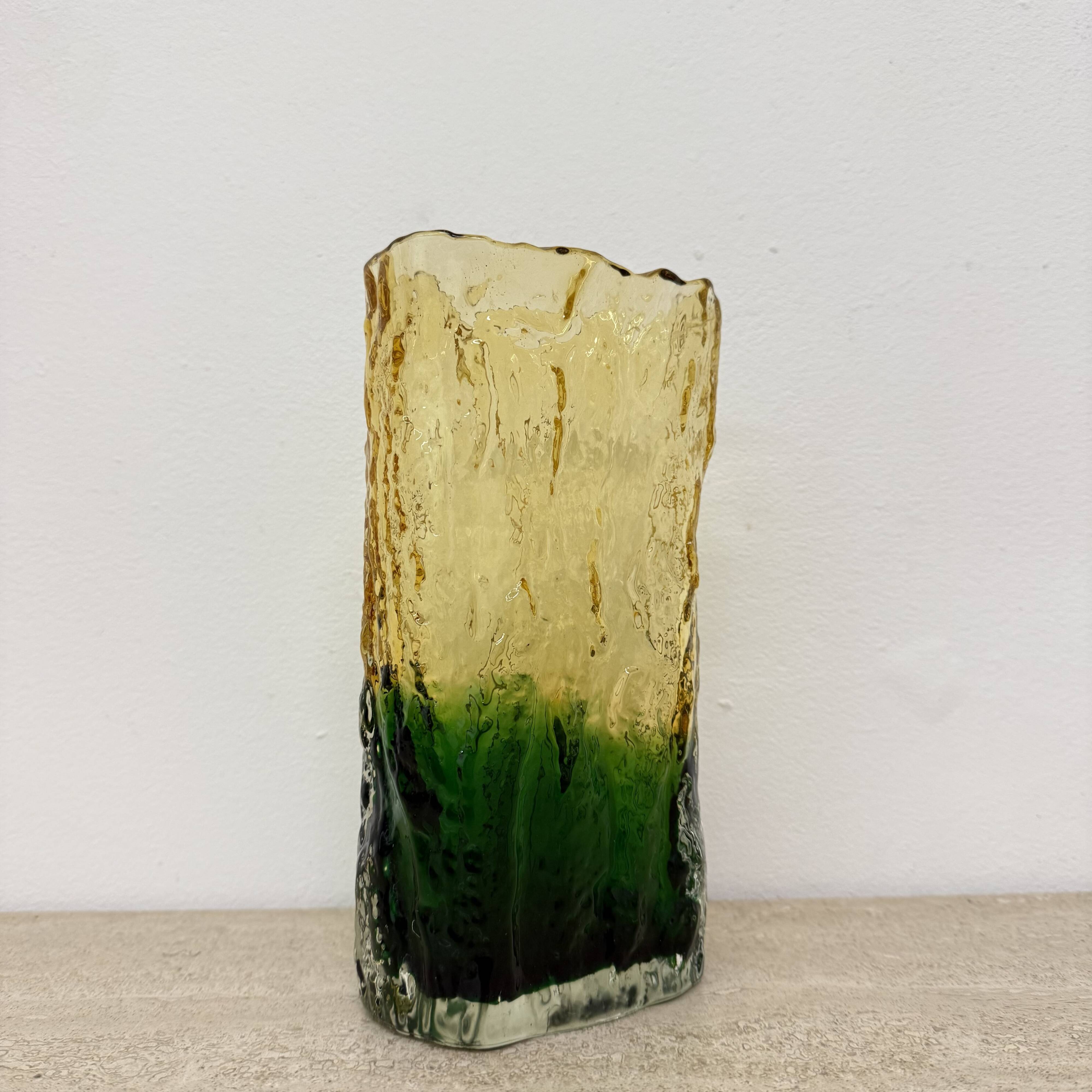 Vintage bark glass vase yellow and green , 1970’s