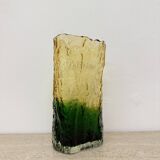 Vase vintage en verre écorce jaune et vert, années 1970